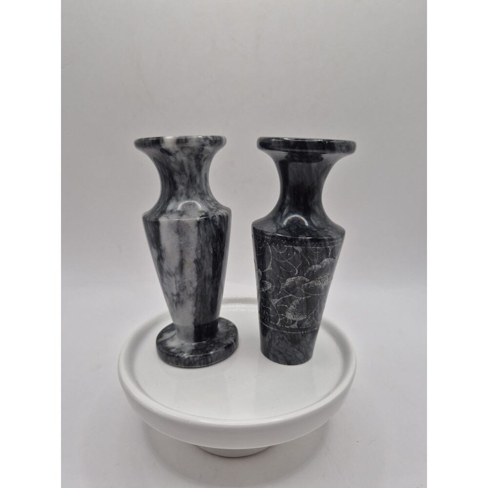 Vintage Black & White 5” Marble Granite Etched Flowers Vases